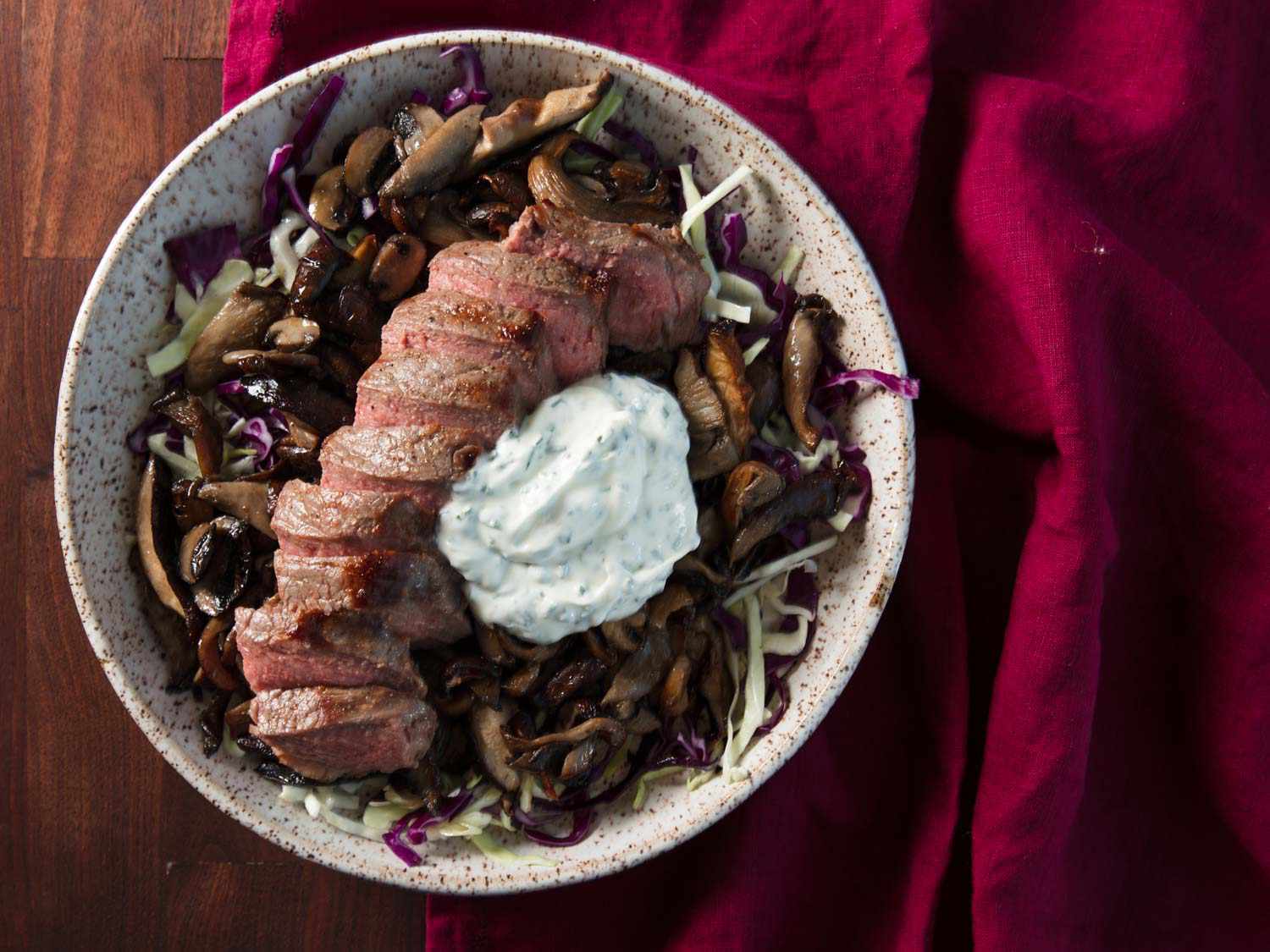 Broiled Strip Steak With Mushrooms and Chive Sour Cream Recipe Image