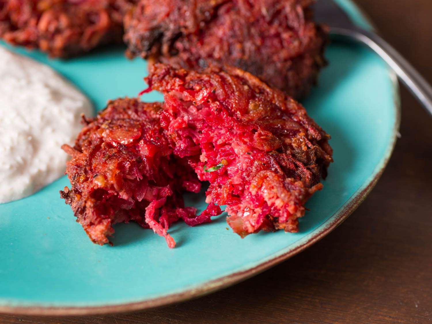 Beet Latkes With Walnuts and Horseradish Sour Cream Recipe Image