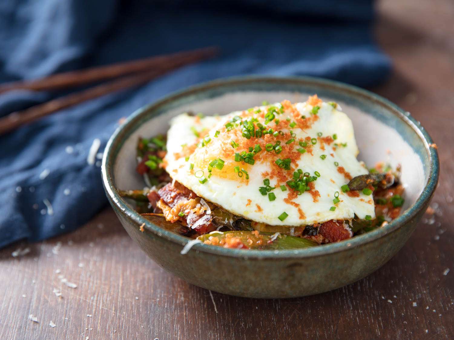 Kimchi and Asparagus Stir-Fry With Spam and Fried Egg Recipe Image