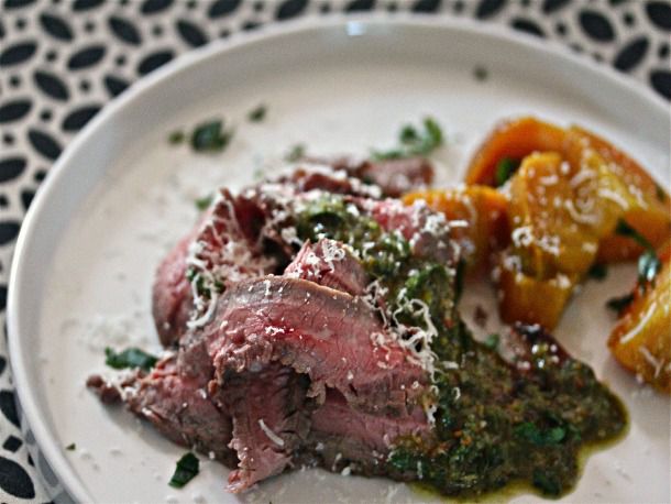 Grilled Flank Steak with Pistachio-Mint Pesto and Roasted Beets Recipe Image