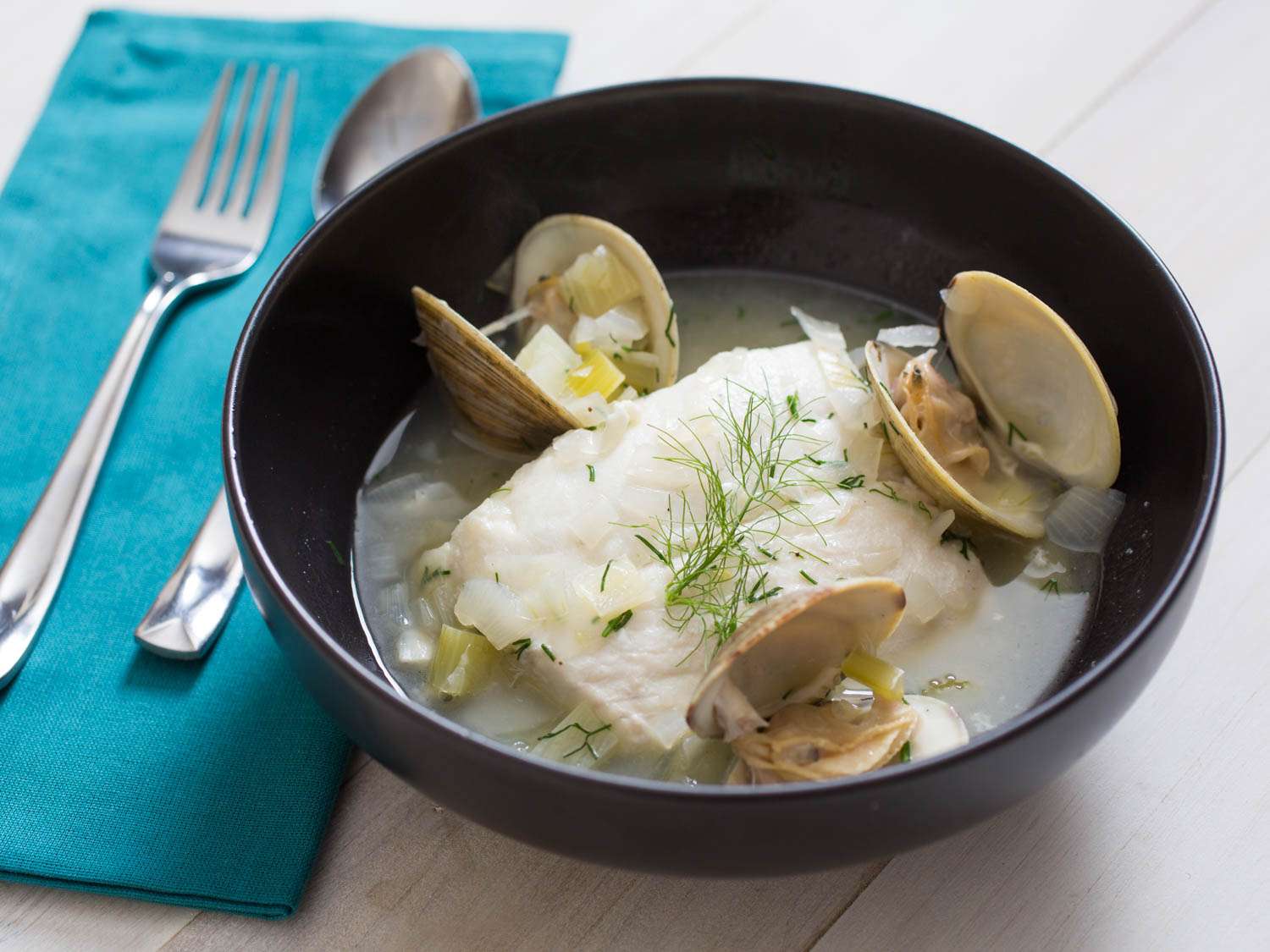 Halibut à la Nage With Clams, Dill, and White Wine Recipe Image
