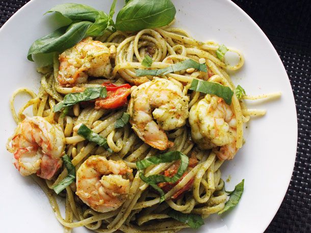 Skillet Pesto Pasta with Shrimp and Pine Nuts Recipe Image