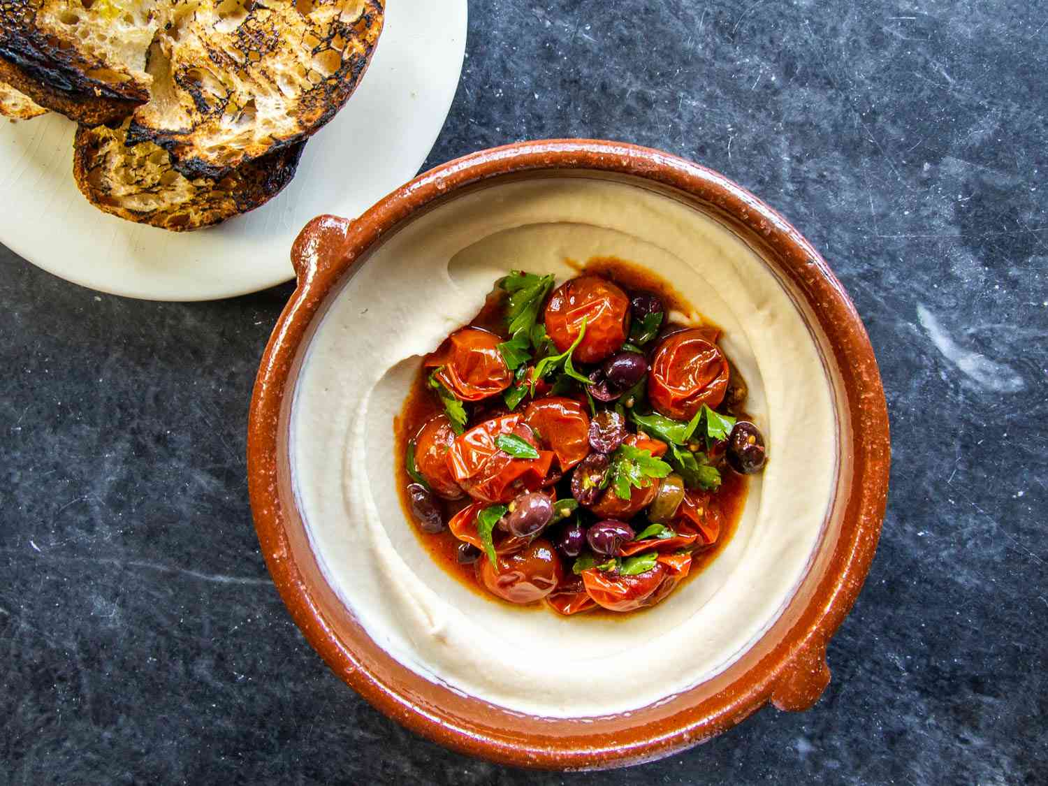 Creamy Bean Dip With Roasted Tomato Puttanesca Salad Recipe Image
