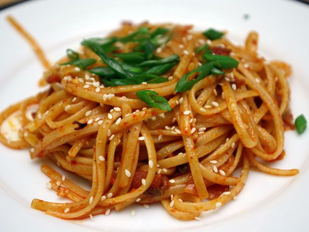 Kimchi Pasta with Bacon and Sesame Seeds Recipe Image