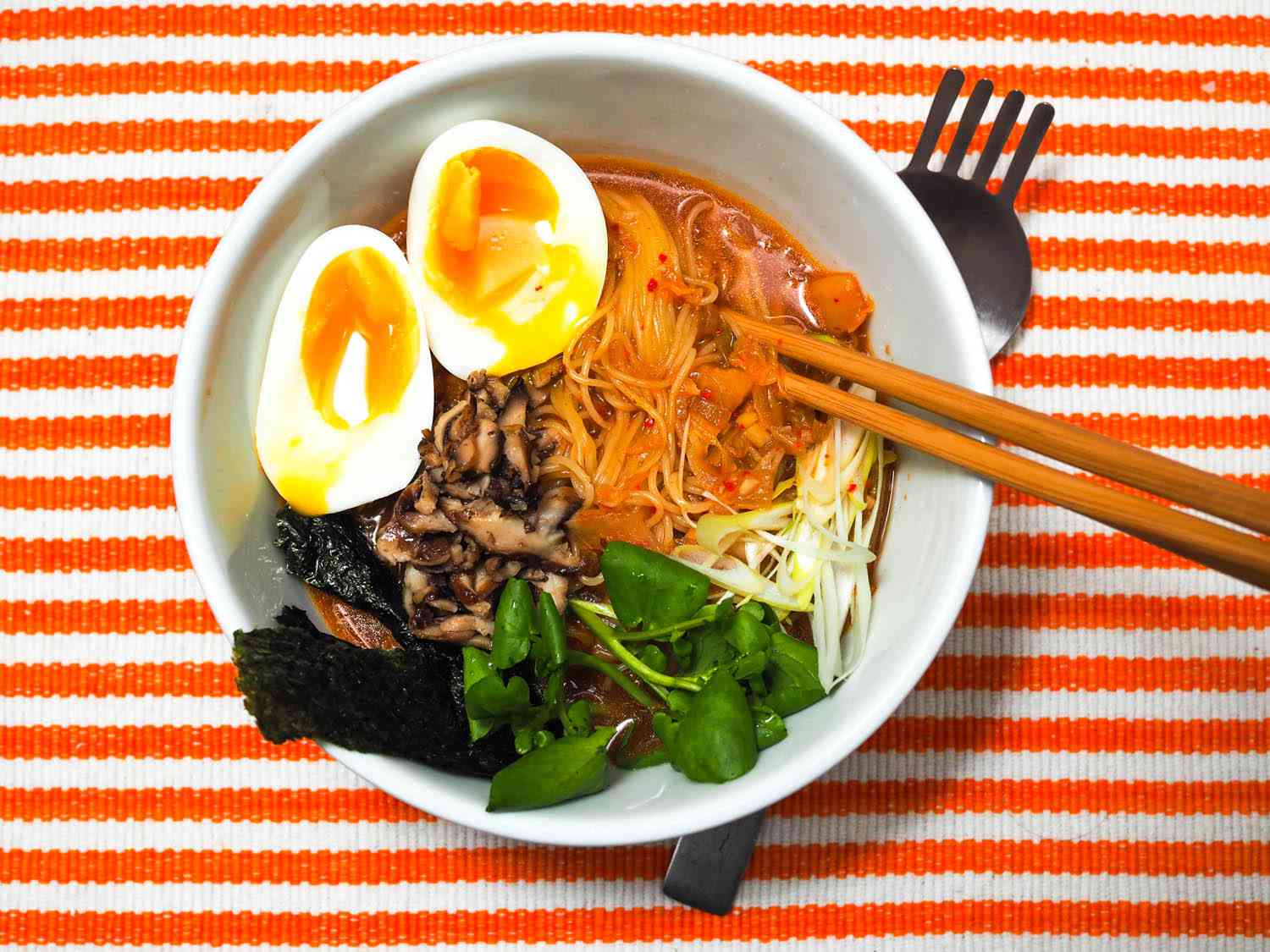 Quick Kimchi Ramen With Shiitake Mushrooms and Soft-Cooked Egg Recipe Image