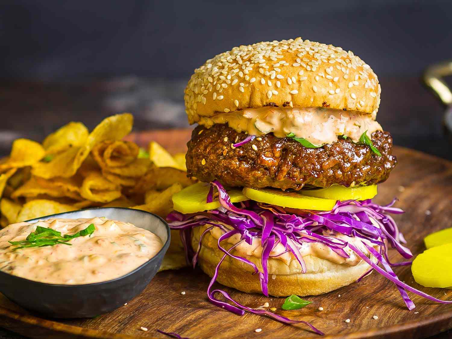 Grilled Korean Bulgogi Burgers With Kimchi Mayo and Pickled Daikon Recipe Image