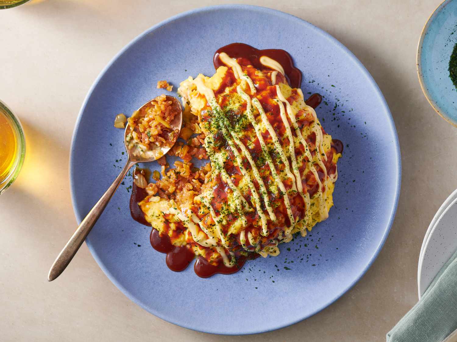 Japanese Pork Fried Rice Omelette With Okonomiyaki Sauce (<em>Omurice</em>) Recipe Image