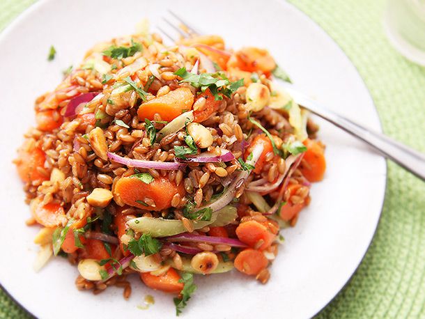 Carrot and Rye Berry Salad With Celery, Cilantro, and Marcona Almonds Recipe Image