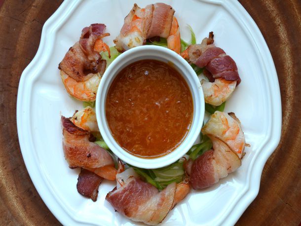 Bacon-Wrapped Shrimp Cocktail with Apricot Horseradish Dipping Sauce Recipe Image