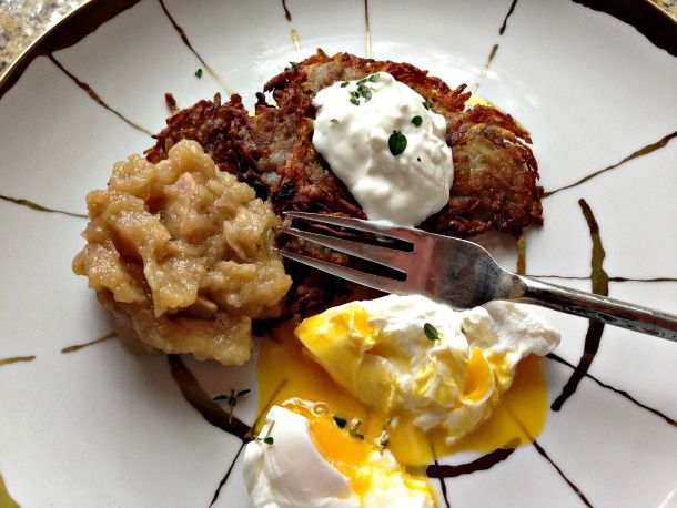 Potato Pancakes With Oven-Roasted Thyme Applesauce, Sour Cream, and Poached Eggs Recipe Image