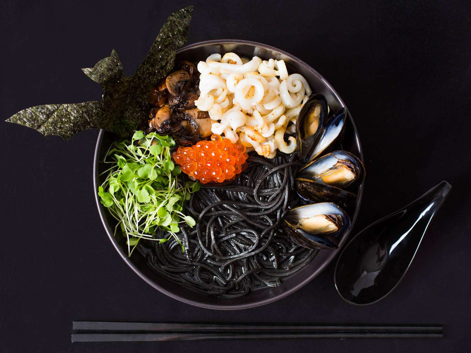 Seafood Ramen With Squid Ink, Mussels, and Salmon Roe Recipe Image