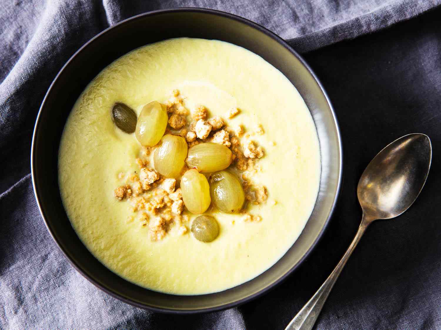 Celery Soup With Peanut Crumble and Pickled Grapes Recipe Image