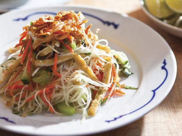 Charles Phan's Green Papaya Salad with Rau Ram, Peanuts, and Crispy Shallots Image