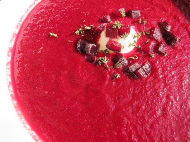 Roasted Beet Soup with Thyme, Lemon, and Crème Fraîche Recipe Image