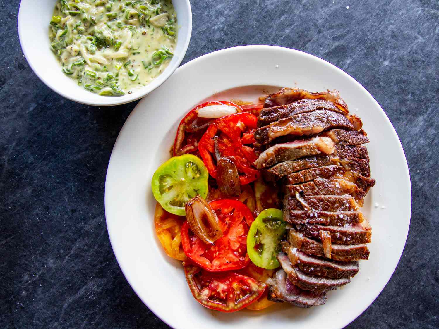 Butter-Basted Steak With Creamed Shishitos and Tomatoes Recipe Image