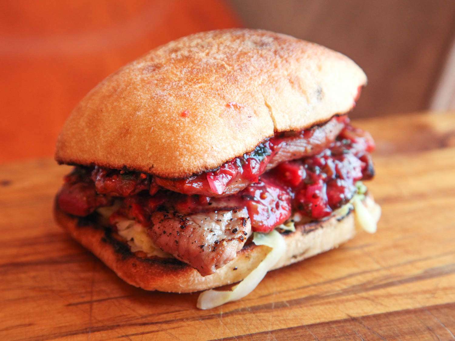 Grilled-Pork Sandwiches With Grilled-Plum Chutney and Cabbage Slaw Recipe Image