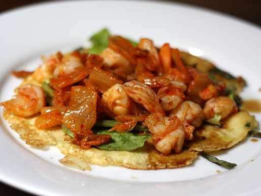 Korean Scallion Pancake with Shrimp, Bacon, and Kimchi Recipe Image