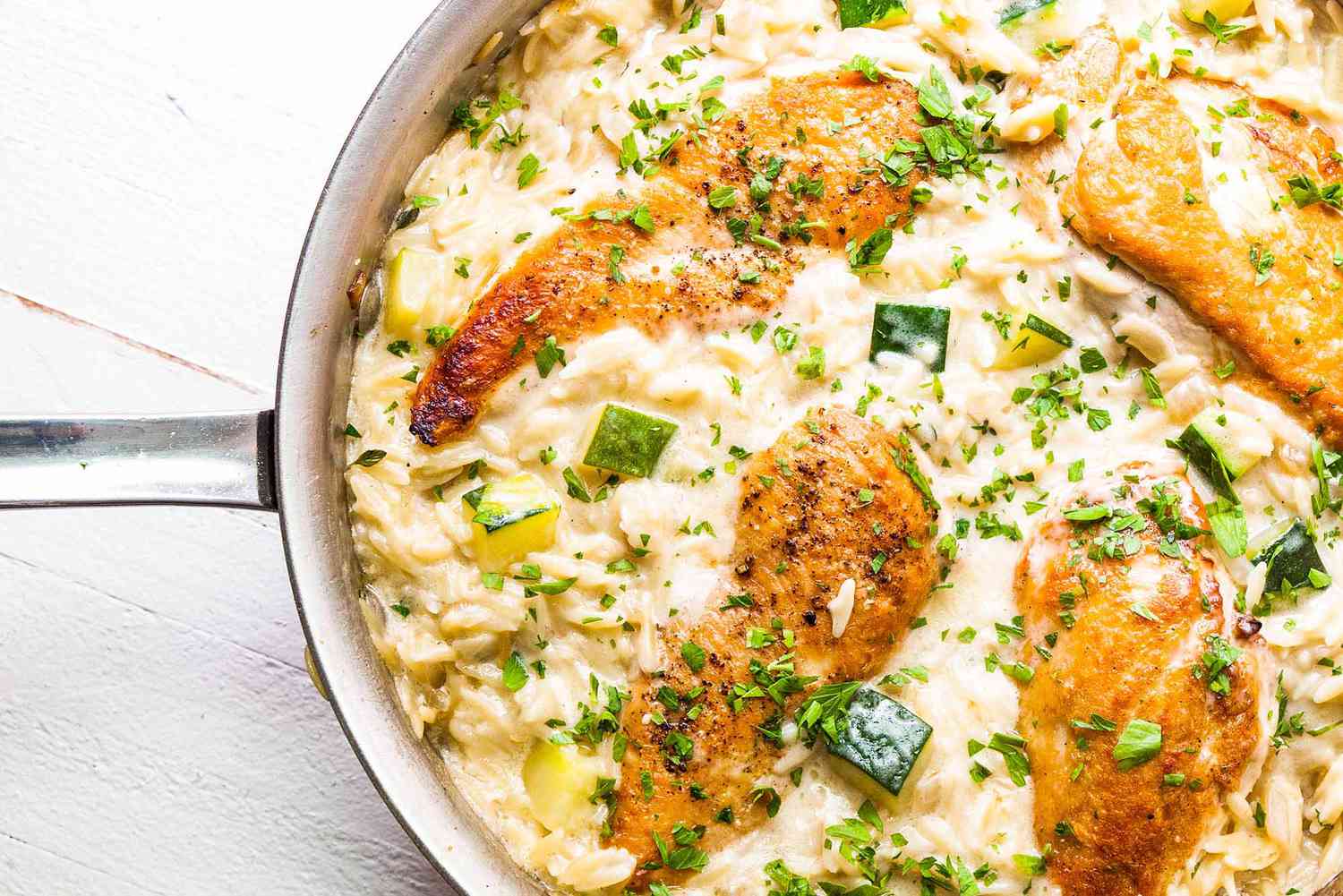 Skillet Chicken with Cheesy Orzo and Zucchini Recipe Image