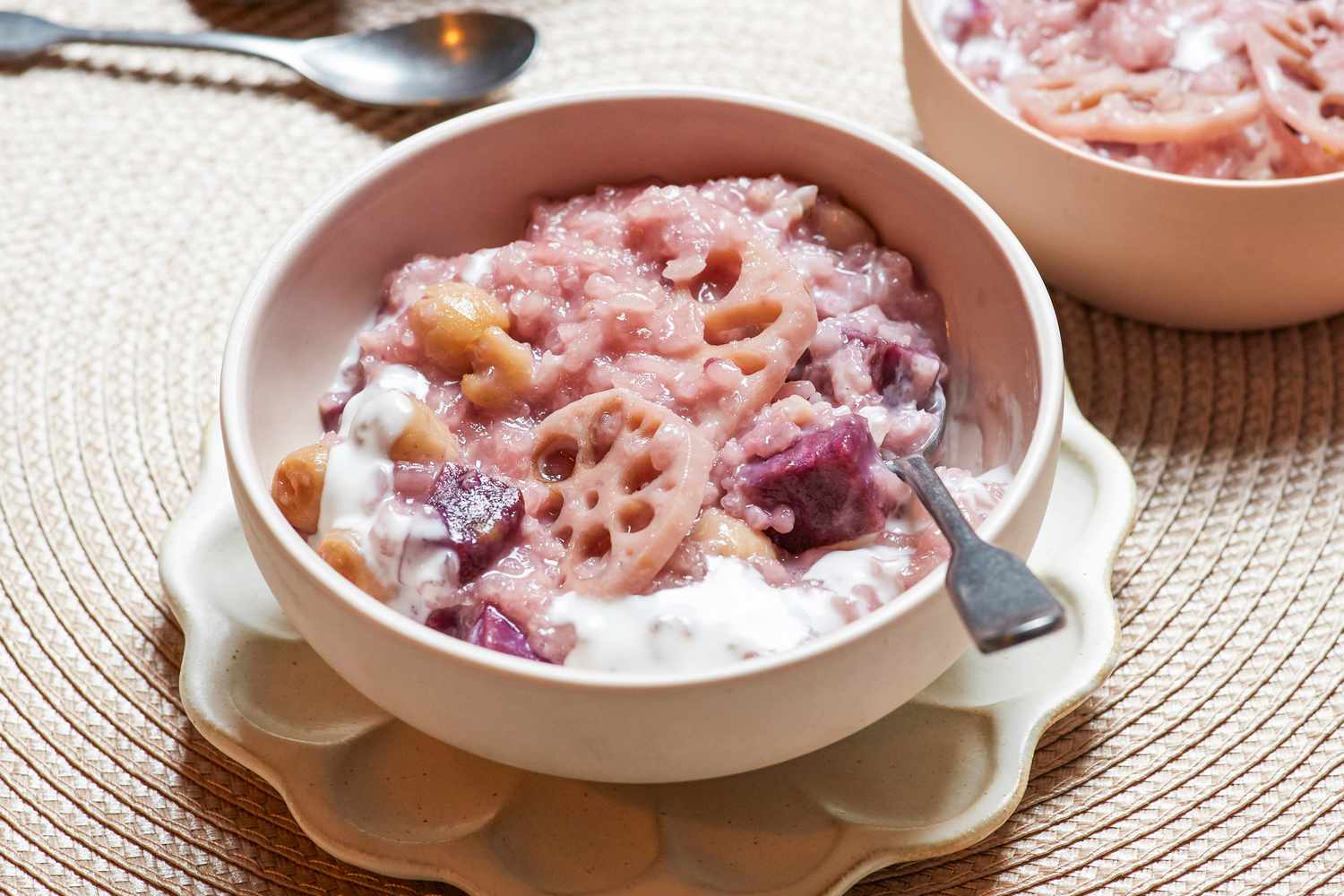 Lotus, Purple Sweet Potato, and Coconut Rice Pudding Recipe Image