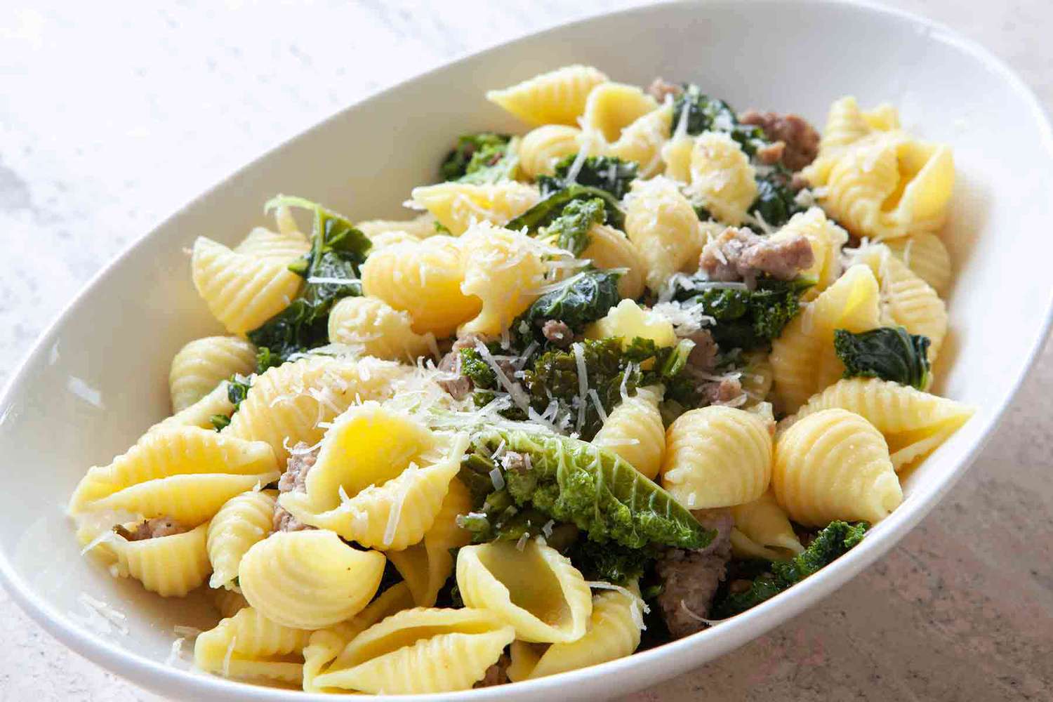 Shell Pasta with Sausage and Greens Recipe Image