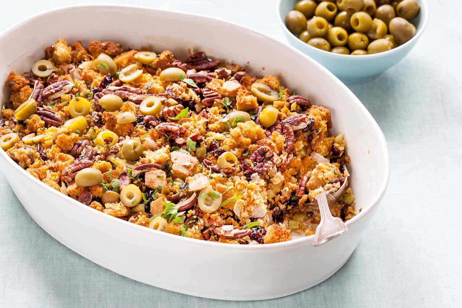 Cornbread Stuffing with Green Olives and Pecans Recipe Image