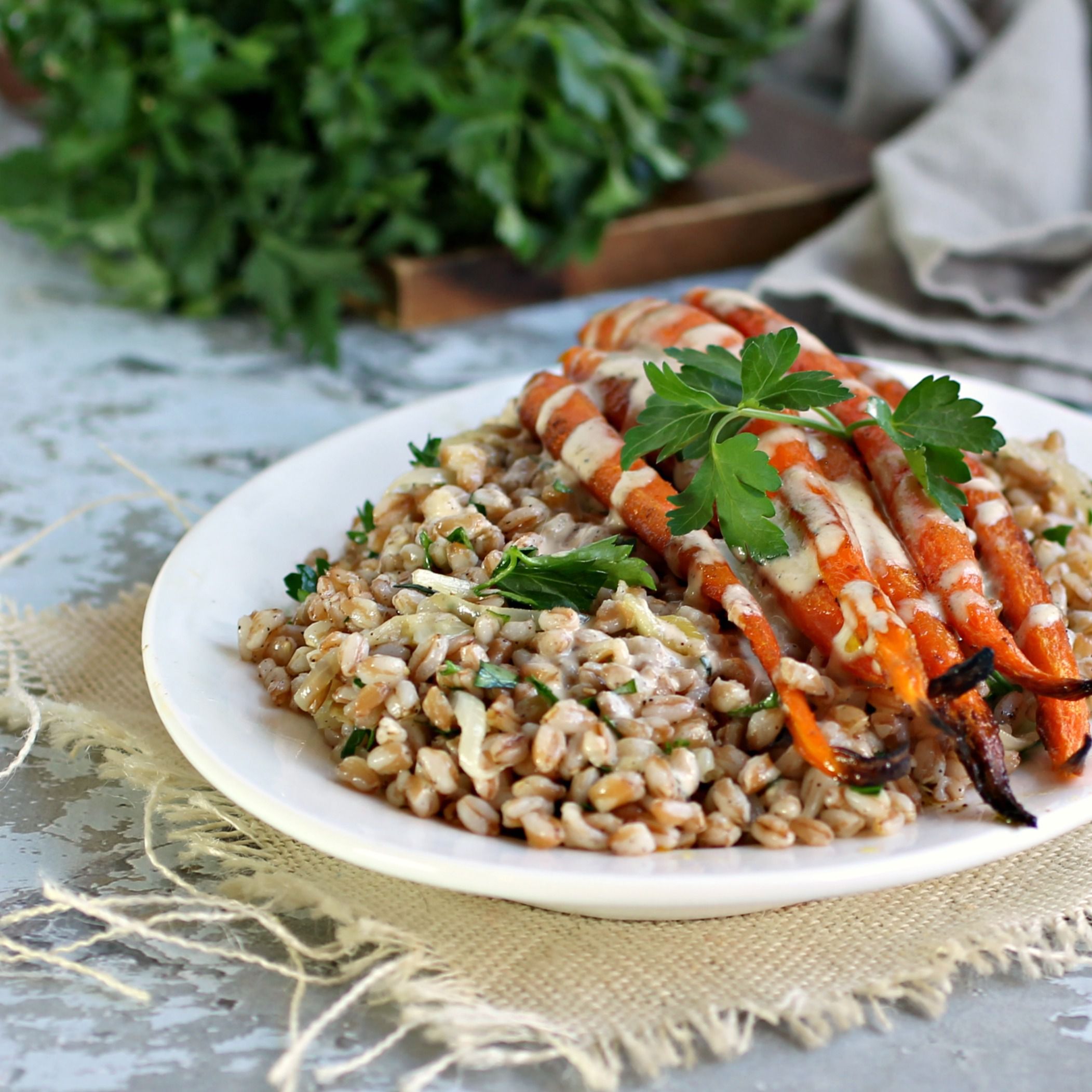 Farro with Cumin Roasted Carrots and Cumin Tahini Image