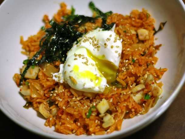 Kimchi Fried Rice with Sautéed Squid and a Poached Egg Recipe Image